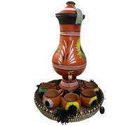 Jarre Marocaine à Eau Artisanale avec Robinet Inox - Terre Cuite Brute Non Émaillée - 2 à 3 L - Plateau + 5 Tasses - Fontaine à Eau Décorée à la Main
