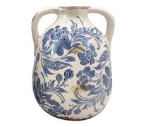 Jarre Vase rétro et Romantique en faïence avec anses, Effet Vieilli et Modèle Floralie Bleue, Hauteur 18 cm
