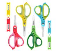 JARVISTAR Ciseaux pour enfants Ciseaux scolaires : lot de 4 ciseaux de sécurité lames arrondies avec housse de protection Ciseaux artisanaux pour école primaire 13 cm (Vert/Bleu/Jaune/Rouge)