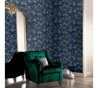 WOW Papier peint Jasmin Jardin – Fleurs et Feuilles, effet tissu – Noir/Bleu