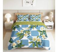 Jaune Moutarde Housse de Couette Plante Fleur Feuilles Vertes Damier Bleu Clair 90 x 200 cm avec 1 Taie d'oreiller 65x65 cm - Rustique Parure de Lit avec Fermeture Éclair pour Enfants Adulte