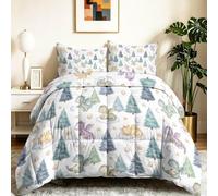 Jaune Vert Douce Imprimée Couette 4 Saisons 200 x 200 cm, Cartoon Nordique Réversible Couette Matelassée Edredon Lit, Dragon Nuages Plantes Anti-Allergies Microfibre Couette avec 2 Taies d'oreiller