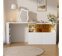 Jaxenor Coiffeuse rotative avec miroir, coiffeuse avec espace de rangement | Vanity de style scandinave, table de bureau, grand espace de rangement à plusieurs étages pour chambre à coucher