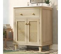 Jaxenor Lavabo avec meuble bas, tiroir rabattable, portes en rotin, naturel | Lavabo autoportant avec armoire inférieure, étagères réglables en hauteur, ensemble de meubles de salle de bain pour salle de