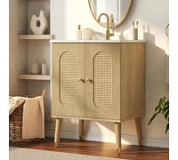Jaxenor Lavabo de 61 cm avec meuble bas, portes en rotin respirant, naturel | Lavabo sur pied avec armoire inférieure, étagères et grand espace de rangement, ensemble de meubles de salle de bain pour