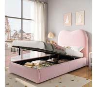 Jaxenor Lit pour enfant 90 x 200 cm avec espace de rangement hydraulique, lit rembourré en velours, rose