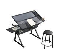 Jaxenor Table à dessin avec tabouret, bureau avec 2 tiroirs en métal, plateau en verre réglable (0 à 75 degrés), table d'architecte, bureau d'étudiant pour techniciens, architectes, 98 x 60 x 69-91 cm