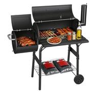 Jaxguom Barbecue au charbon de bois multifonction avec thermomètre, fumoir et fonction barbecue, barbecue avec couvercle, roues, chariot de barbecue avec régulation de l'air