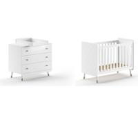 JAXX - BILLY Ensemble de chambre de bébé, composé d'une commode, d'un plan à langer et d'un lit de bébé 60x120 cm, MDF laqué blanc satiné