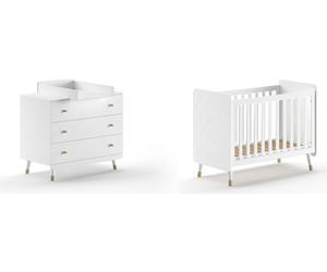 JAXX - BILLY Ensemble de chambre de bébé, composé d'une commode, d'un plan à langer et d'un lit de bébé 60x120 cm, MDF laqué blanc satiné