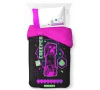 Jay Franco Minecraft Neon Creeper Ensemble de Couette Simple 100% Coton Parure de Lit Enfant Housse de Couette Coton Taie d'oreiller 50 x 70 cm Incluse