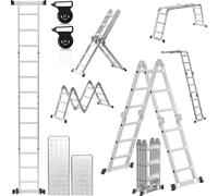 Jayseuw 6 en 1 Echelle polyvalente Alu Echelle articulée Echelle pliante 360cm Echelle multifonctionnelle Alu Avec plateforme Jusqu'à 150KG 4 X 3 marches Argent