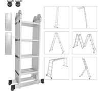 Jayseuw 6 en 1 Echelle polyvalente Alu Echelle articulée Echelle pliante 470cm Echelle multifonctionnelle Alu Avec plateforme Jusqu'à 150KG 4 X 4 marches Argent