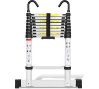 Jayseuw Echelle télescopique professionnelle 2,6M Argent Aluminium Capacité de charge 150kg Echelle multi-usage Pieds en caoutchouc antidérapants avec stabilisateur et crochets amovibles
