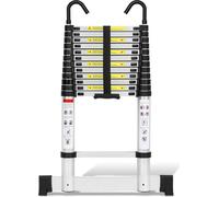 Jayseuw Echelle télescopique professionnelle 3,8M Argent Aluminium Capacité de charge 150kg Echelle multi-usage Pieds en caoutchouc antidérapants avec stabilisateur et crochets amovibles