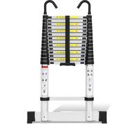 Jayseuw Echelle télescopique professionnelle 4,4M Argent Aluminium Capacité de charge 150kg Echelle multi-usage Pieds en caoutchouc antidérapants avec stabilisateur et crochets amovibles