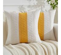 Jayusaror Housse Coussin 45x45 Jaune Bohème Macramé Coton Lin Automne Housses de Coussin Décoratif Boho Style De Luxe Taie Oreiller Décoration Maison Salon Chambre pour Canapé Lot de 2