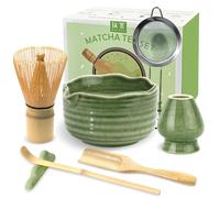JBER Matcha Kit 7 Pièces, Matcha Set - Fouet à Matcha en Bambou, Bol à Matcha, Support pour Fouet, Cuillère et Tamis, Kit Matcha pour Cérémonie du Matcha - Matcha Vert