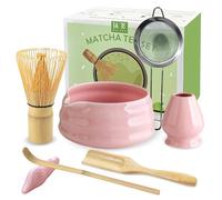 JBER Matcha Kit 7 Pièces, Matcha Set - Fouet Matcha Bambou, Bol à Matcha, Support pour Fouet, Cuillère et Tamis, Kit Matcha pour Cérémonie du Matcha - Rose