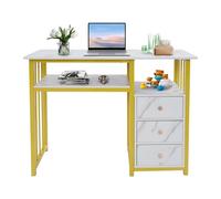 JDBDU Table de manucure avec 3 tiroirs, 100 x 40 x 76 cm, or et blanc, cadre en acier, charge d'environ 30 kg, pour salon de manucure