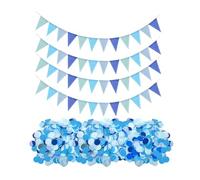 JDNFKG 4 Pièces De Fanions Bleus Et 1 Paquet De Confettis, Décorations D'Ambiance Festive, Pendentifs De Drapeau D'Événement Intérieur Et Extérieur, Adaptés pour Anniversaire, Décoration De Jardin.