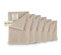 Jean & Len Set serviettes invités 100% coton bio, beige, avec attache, certifiées OEKO-TEX & GOTS, étiquette en cuir vegan, 6 x serviettes 30x50 cm
