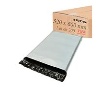 Jeco - Lot de 200 Enveloppes plastique d'expédition opaques 520x600 mm 70 microns, très grandes pochettes VAD 52x60cm Légère, très solide, inviolable et imperméable
