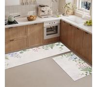 JEDTAKCT Lot De 2 Tapis De Cuisine Antidérapant Lavable Plantes Simples À L'Aquarelle | 50X80+50X150, Tapis Cuisine Vignes Feuilles Fleurs Devant Evier Bain, Anti-Fatigue, Facile Nettoyer, Blanc