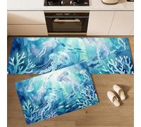 JEDTAKCT Lot De 2 Tapis De Cuisine Antidérapants Animaux Marins Fantastiques | Résistant À La Poussière Tapis De Cuisine Corail Aquarelle Méduse, Paillasson Bleu pour L'Intérieur, 50X80+50X150Cm