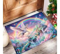 JEDTAKCT Paillasson Attrape-Poussière Château De Rêve Animaux, Tapis De Sol Antidérapant Lavable Machine Arc-en-Ciel Licorne Étoiles, Tapis D'Entrée Douces pour Chien Entrée Porte, Bleu, 50X80Cm