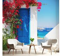 JEDTAKCT Papier Peint Architecture Insulaire, Papier Peint Panoramique Motif Paysage Grec, Fresque Murale 350X256Cm, Décoration Image Murale Bleu Ciel Pour Salon Chambre Bureau Tv Artistique