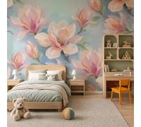JEDTAKCT Papier Peint Panoramique 200X140Cm Fleurs Romantiques À L'Aquarelle | Bleu Clair Papier Peint Intissé Tapisserie Poster Décoration Murale Pour Salon Chambre - Fleurs De Magnolia Roses