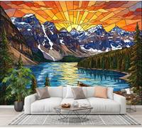JEDTAKCT Papier Peint Panoramique 300X210Cm Fenêtre Verre Coucher Soleil Bohème | Orange Papier Peint Intissé Tapisserie Poster Décoration Murale Pour Salon Chambre - Montagnes Enneigées Lacs