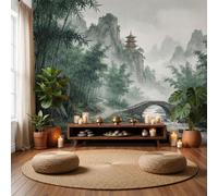 JEDTAKCT Papier Peint Panoramique 350X256Cm Chemin Bambous Peint L'Encre | Vert Foncé Papier Peint Intissé Tapisserie Poster Décoration Murale Pour Salon Chambre - Montagnes Brumeuses Orientales