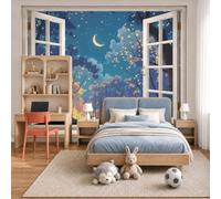 JEDTAKCT Papier Peint Panoramique 350X256Cm Forêt De Lucioles De Rêve Bleu-Vert Papier Peint Intissé Tapisserie Poster Décoration Murale Pour Chambre Enfant, Salon Chambre - Paysage Nocturne D'Anime