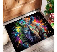 JEDTAKCT Tapis De Porte Paillasson Rhinocéros À L'Encre Cool 50X80Cm Interieur, Antidérapant Absorbant Facile À Nettoyer, Animaux Errants, Tapis De Bienvenue Chambre Cuisine Couloir, Noir