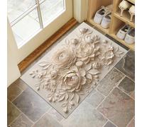 JEDTAKCT Tapis Entree Interieur Paillasson 50X80Cm Relief Floral Oriental 3D, Pivoine Élégante Lotus Tapis Cuisine Devant Evier Antidérapant Lavable pour Décoration D'Intérieur Couloir, Beige