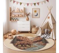 JEDTAKCT Tapis Rond Beige 120 Cm, Tapis Salon Moderne Lavable | Moquette Doux Poil Ras avec Affiches Rétro d'animaux Ours Brun Canyon Rivière, Antidérapant pour Chambre Décoration Intérieure