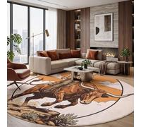 JEDTAKCT Tapis Rond Beige 160 Cm, Tapis Salon Moderne Lavable | Moquette Doux Poil Ras avec Affiche De Cowboy De L'Ouest Taureau Rétro Désert, Antidérapant pour Chambre Décoration Intérieure