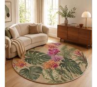 JEDTAKCT Tapis Rond Brun 100 Cm, Tapis Salon Moderne Lavable | Moquette Doux Poil Ras avec Plantes Tropicales Rétro Orchidées Monstera, Antidérapant pour Chambre Décoration Intérieure