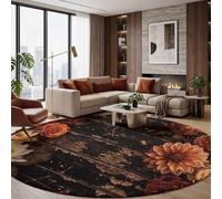 JEDTAKCT Tapis Rond Brun Foncé 180 Cm, Tapis Salon Moderne Lavable | Moquette Doux Poil Ras avec Mur en Bois Moucheté Ancien Roses Et Dahlias Vintage, Antidérapant pour Chambre Décoration Intérieure
