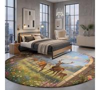 JEDTAKCT Tapis Rond Vert Brun 60 Cm, Tapis Salon Moderne Lavable | Moquette Doux Poil Ras avec Paysage Animal Nordique Rétro Chemin Fleurs, Antidérapant pour Chambre Décoration Intérieure