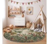 JEDTAKCT Tapis Rond Vert Olive 100 Cm, Tapis Salon Moderne Lavable | Moquette Doux Poil Ras avec Forêt Tropicale Rétro Luxuriantes Palmiers Plantes, Antidérapant pour Chambre Décoration Intérieure