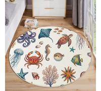 JEDTAKCT Thème des Animaux Marins Tapis Rond Lavable 100 Cm | Tapis Intérieur Antidérapant, Pieuvre Tortue Hippocampe À L'Aquarelle Poil Ras Facile À Nettoyer Pour Entrée Cuisine, Beige