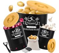 JEDWKFA Lot de 3 Boite Pomme de Terre, Rangement Pomme de Terre, Rangement Oignons Ail Echalottes, Livré Avec Couteau D'office, Couteau à Pomme de Terres, Sac de Rangement, Noir