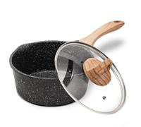JEETEE Casserole Induction 18cm 2L Petite Casserole Antiadhésive | Revêtement Granit Sans PFOA avec Couvercle, Casserole à Lait Pâtes et Sauce, 2 Bec Verseur, Tout Feux, Poignée Aspect Bois