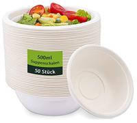 JEFFOUOO Lot de 50 bols à soupe jetables en carton de 500 ml - En canne à sucre - Jetables - Biodégradables et compostables - Ronds