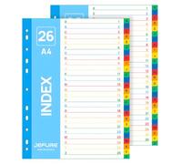 JEFURE Lot de 2 intercalaires pour classeur A4 A-Z 26 pièces | Intercalaires colorés en polypropylène 1-26, 11 trous, imperméable, pour classeur à anneaux/classeur à levier, bureau, école