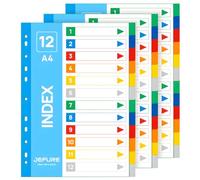 JEFURE Lot de 3 intercalaires pour classeur A4, 12 pièces | Intercalaires colorés en polypropylène - 11 trous - Étanche - Pour classeur à anneaux/classeur à levier - Pour bureau, école