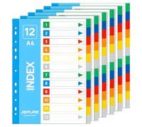 JEFURE Lot de 6 intercalaires pour classeur A4, 12 pièces | Intercalaires colorés en polypropylène - 11 trous - Étanche - Pour classeur à anneaux/classeur à levier - Pour bureau, école